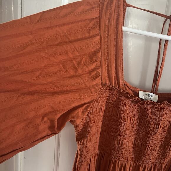 Umgee Women Milk Maid Smocked Tiered Orange Dress L Balloon Sleeve Cottage Fall - Picture 3 of 13